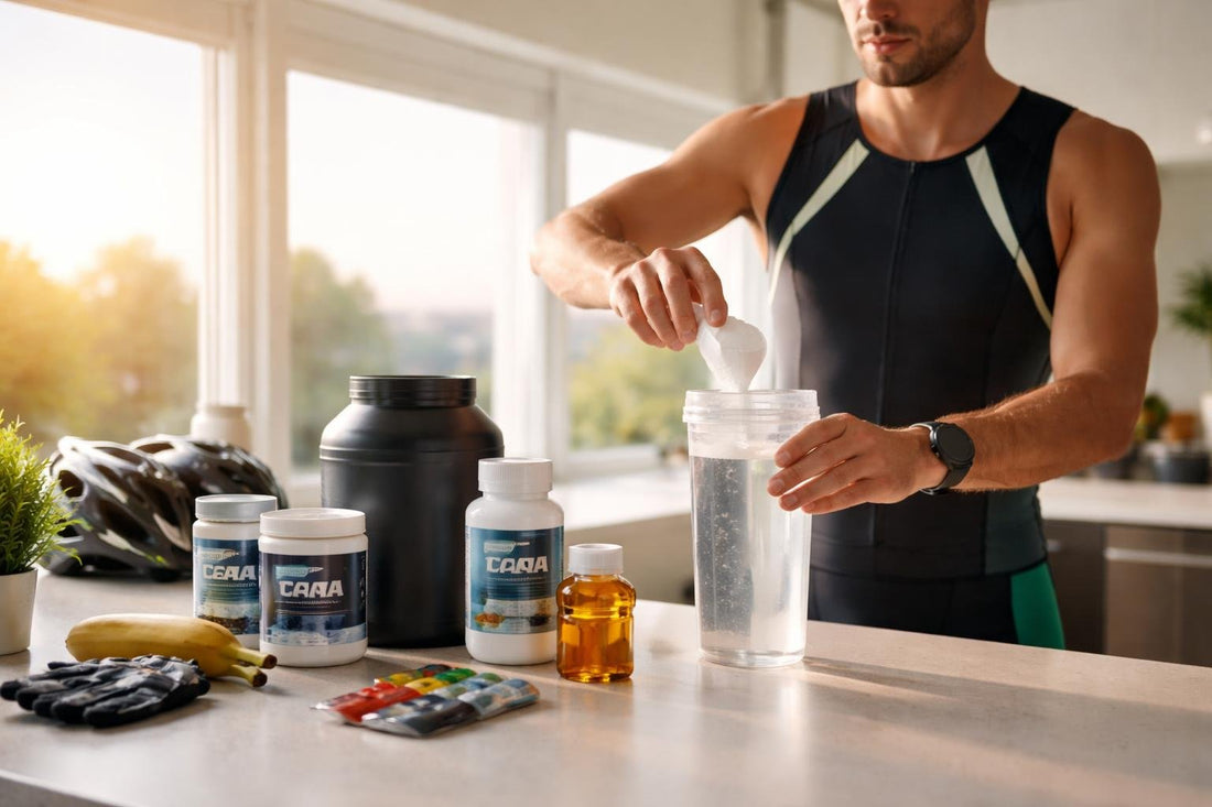 Triathlete mixing sports nutrition supplement at sunrise