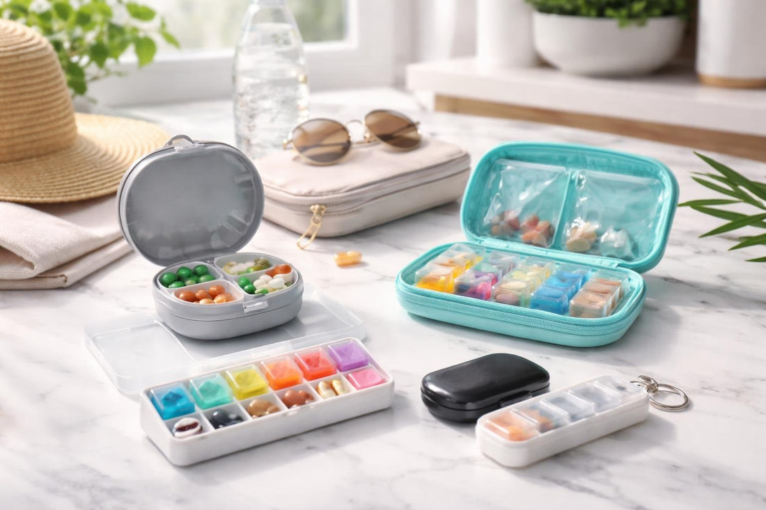 compact travel pill organizers and pill boxes