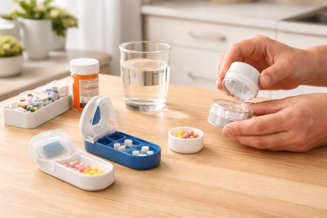 caregiver using pill crusher and splitter device