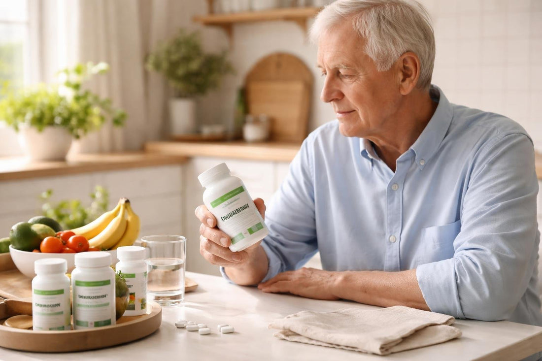 Ontario senior holding potassium supplement bottle