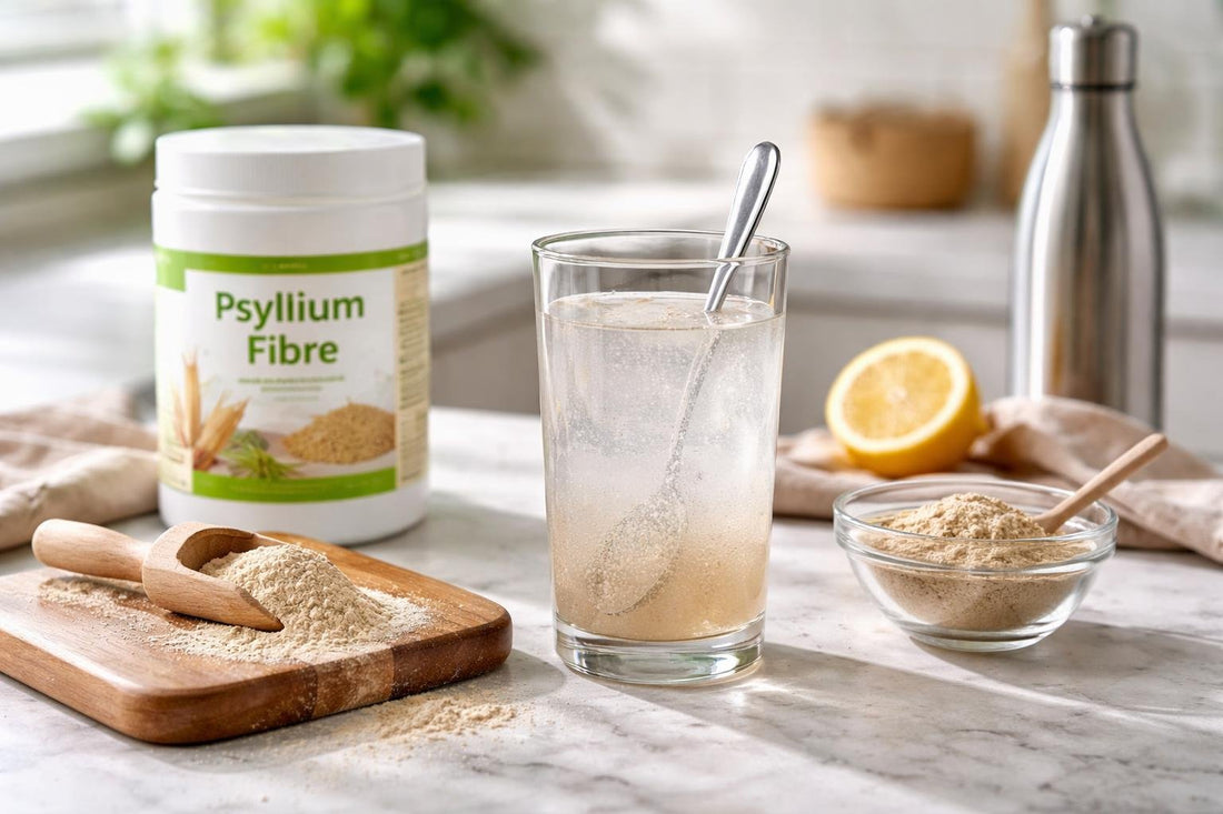 Glass of water with psyllium fibre supplement powder