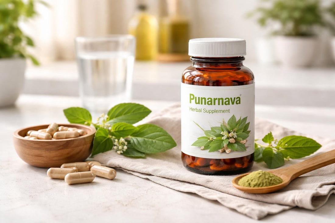 Punarnava supplement bottle and leaves close-up