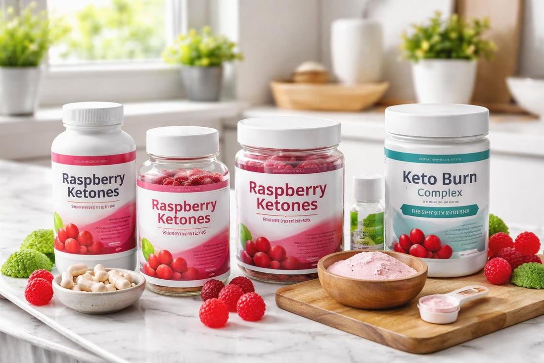 Assorted raspberry ketones supplements and product packaging