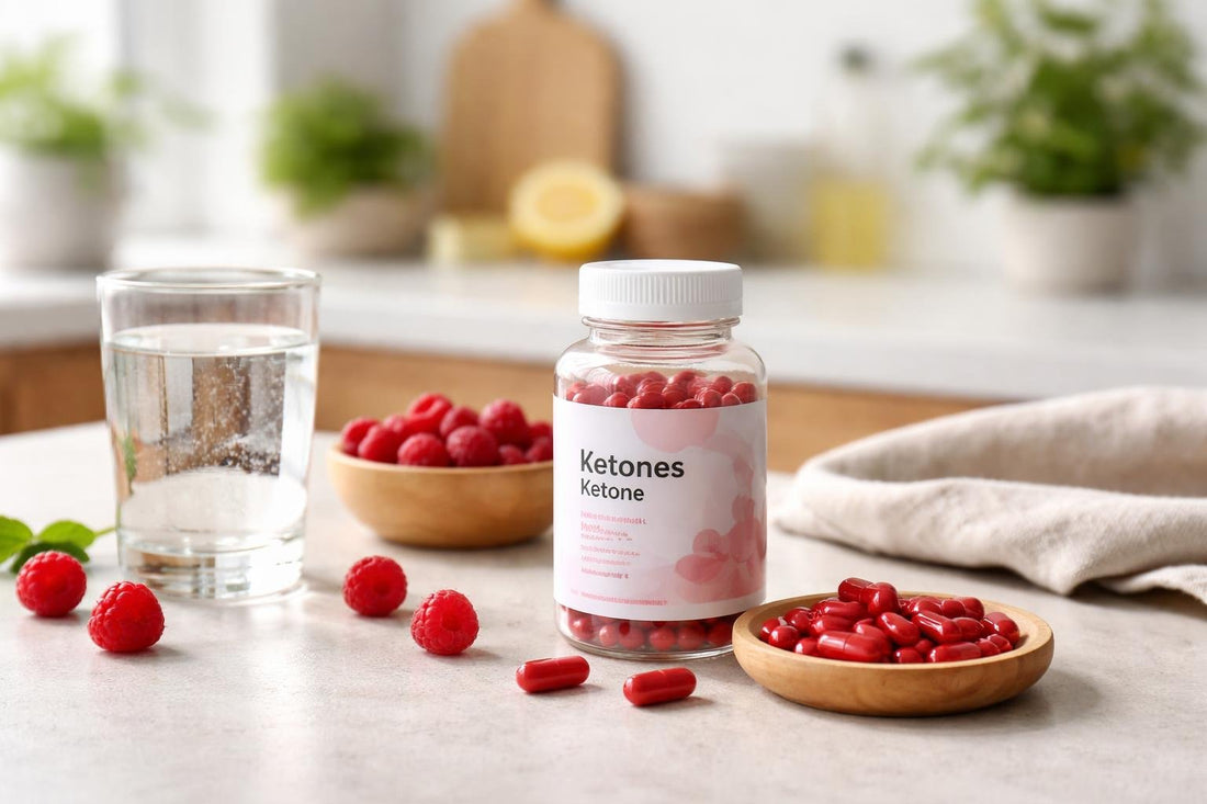 Raspberry ketone supplement capsules with water on counter