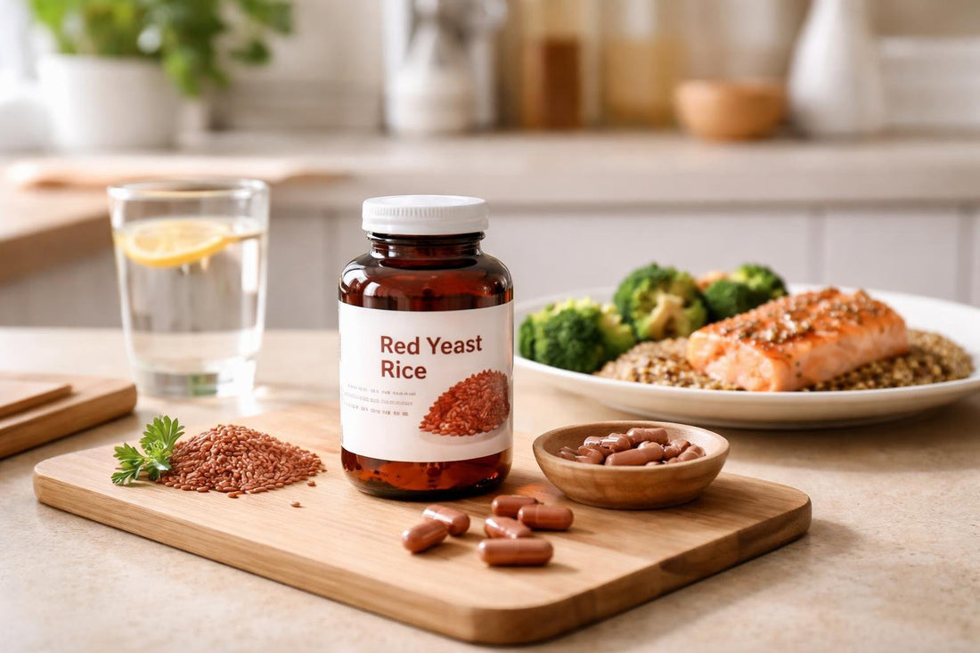 Red yeast rice supplement capsules beside a dinner plate
