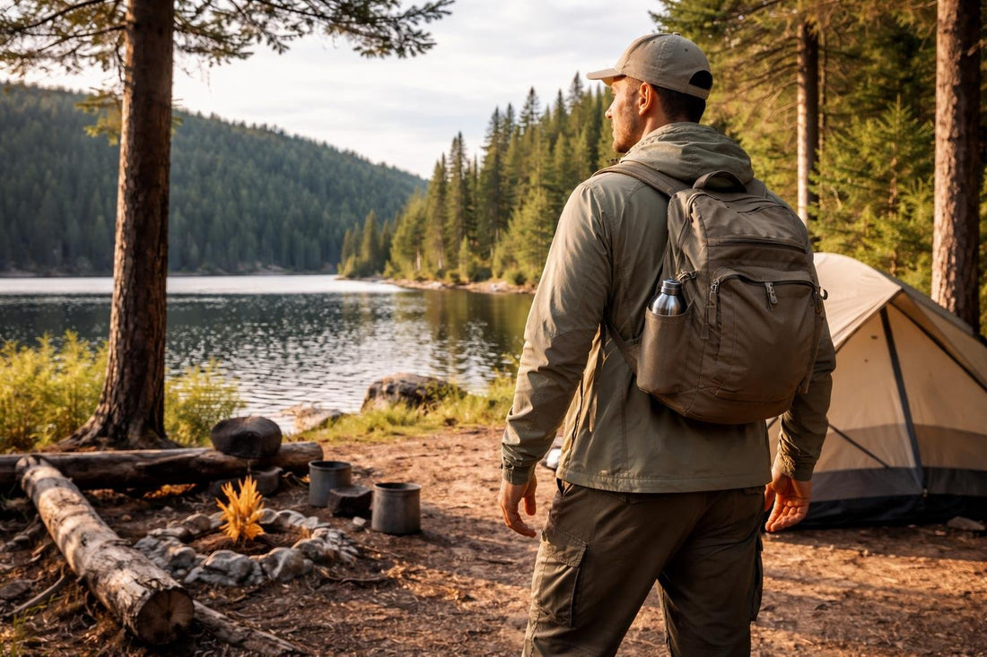 Hiker wearing insect repellent garments near Canadian campsite