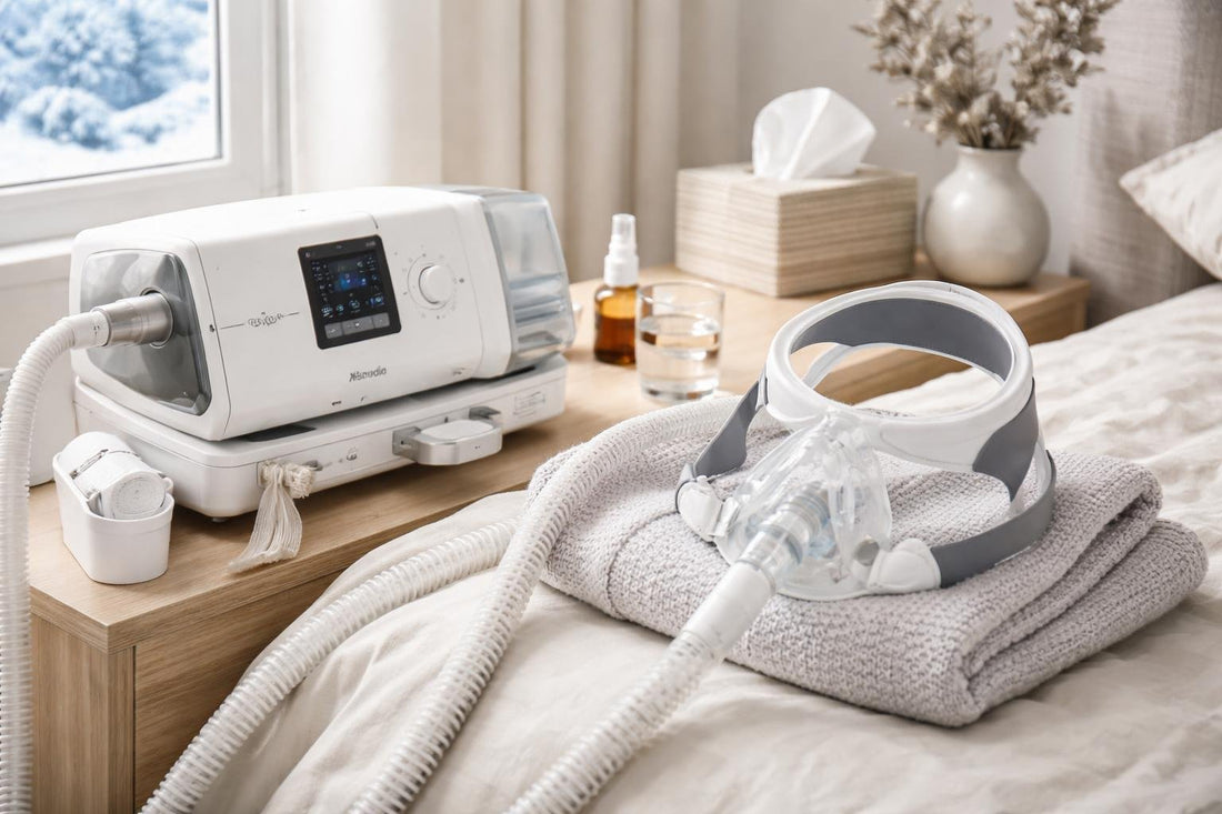 CPAP masks, cushions and winter accessories on bedside