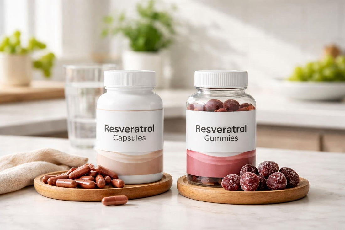 Budget resveratrol capsules and gummies compared on a table