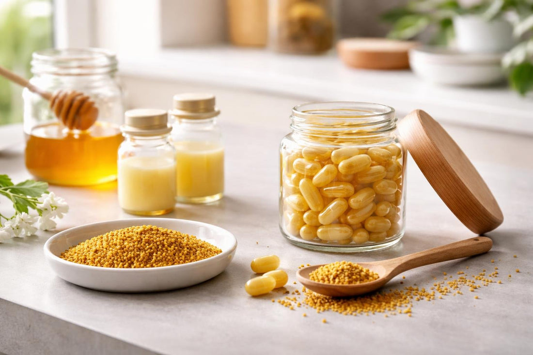 Jar of royal jelly capsules and bee pollen granules