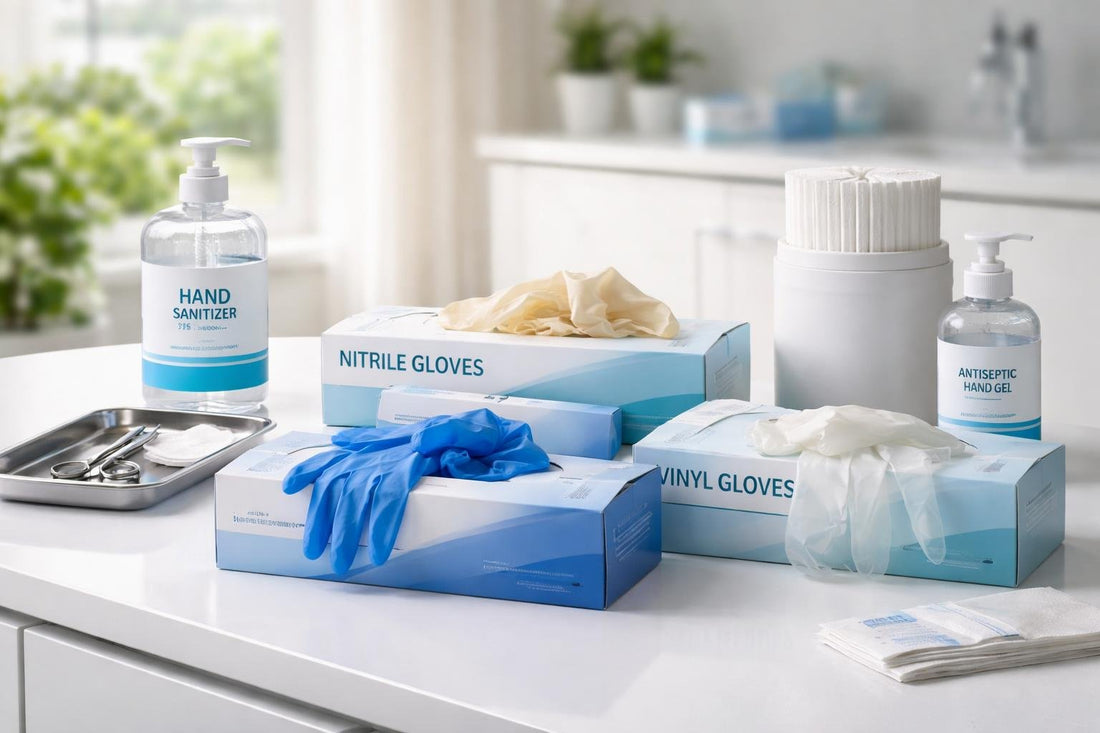 Assorted sanitary gloves and hand hygiene supplies