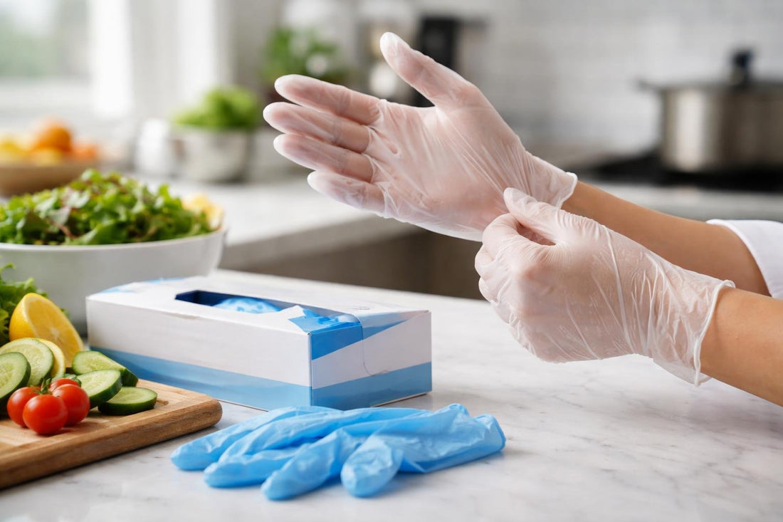 Close-up of sanitary gloves for food service safety