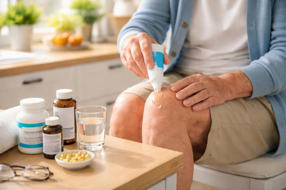 senior using topical gel for knee pain