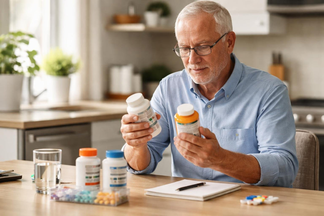 Senior comparing vitamin labels for quality and safety