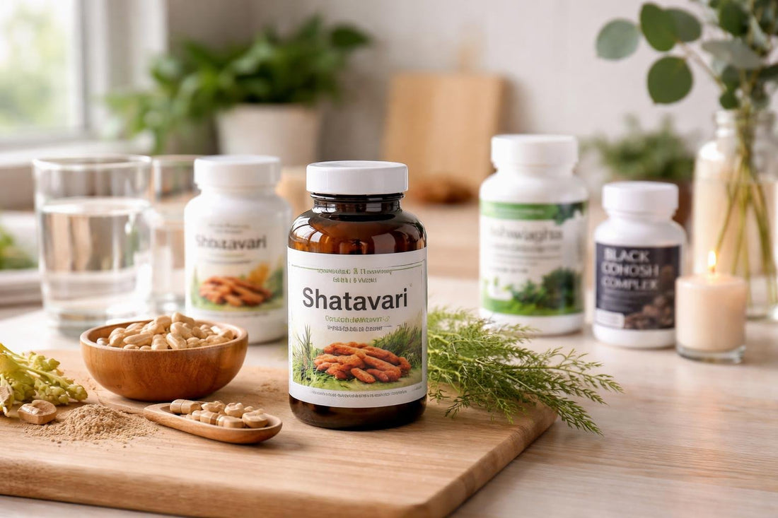 Shatavari supplements on wooden table for menopause support
