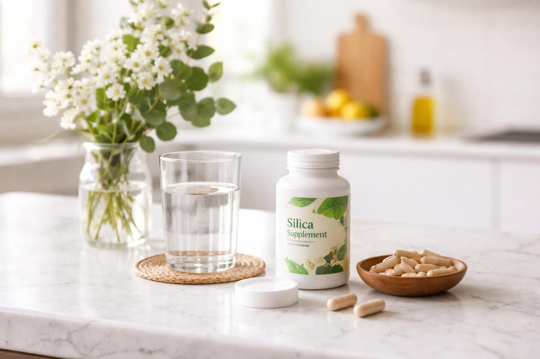 Silica supplement capsules and water glass on kitchen counter