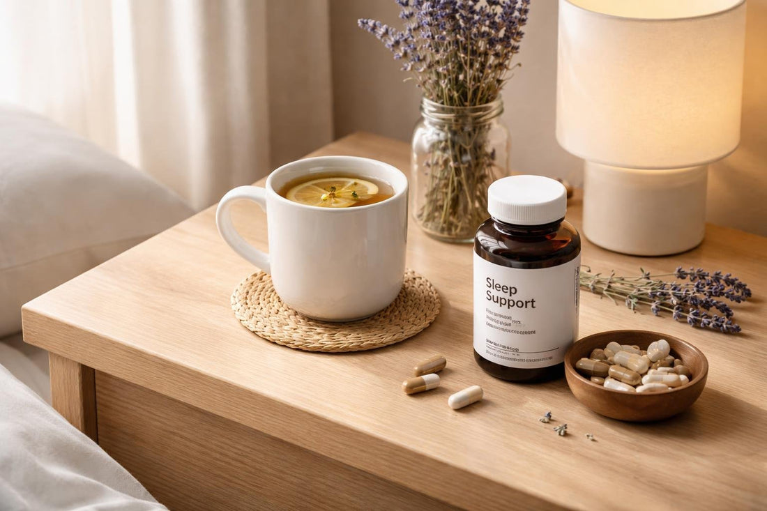 Bedside sleep supplements with herbal tea and capsules