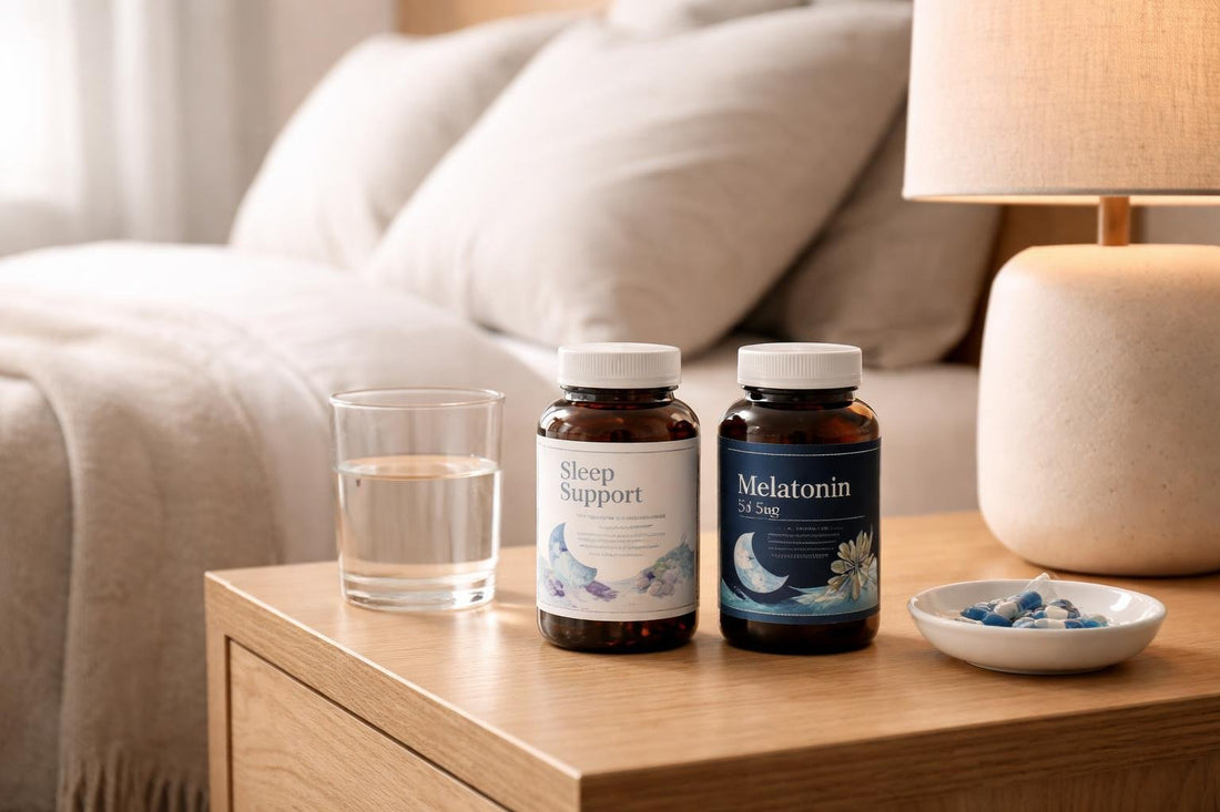 Sleep supplement bottles beside bedside lamp in a Canadian bedroom