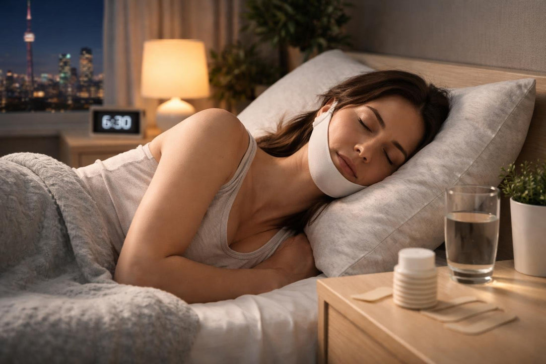 Toronto side sleeper using chin strips at night