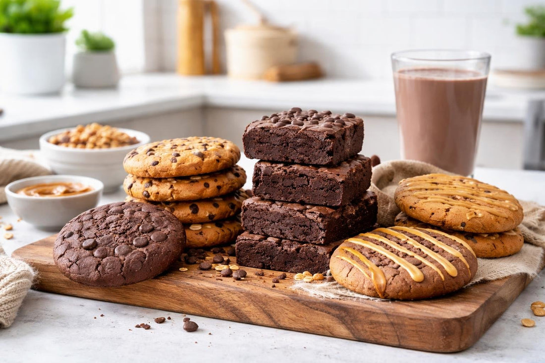 Assorted sports nutrition cookies and brownies on wooden board