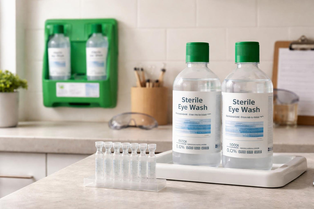 Sterile eye wash bottles and portable station in Ontario workplace