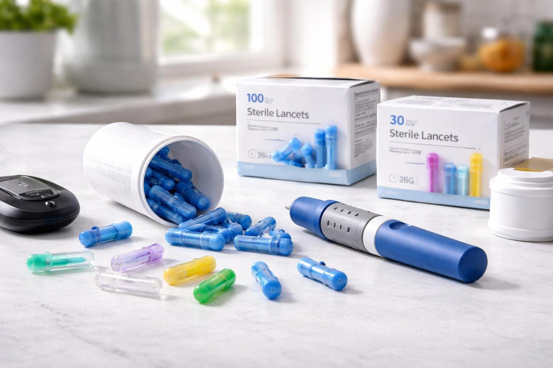 Sterile blood lancets and lancing device for home testing