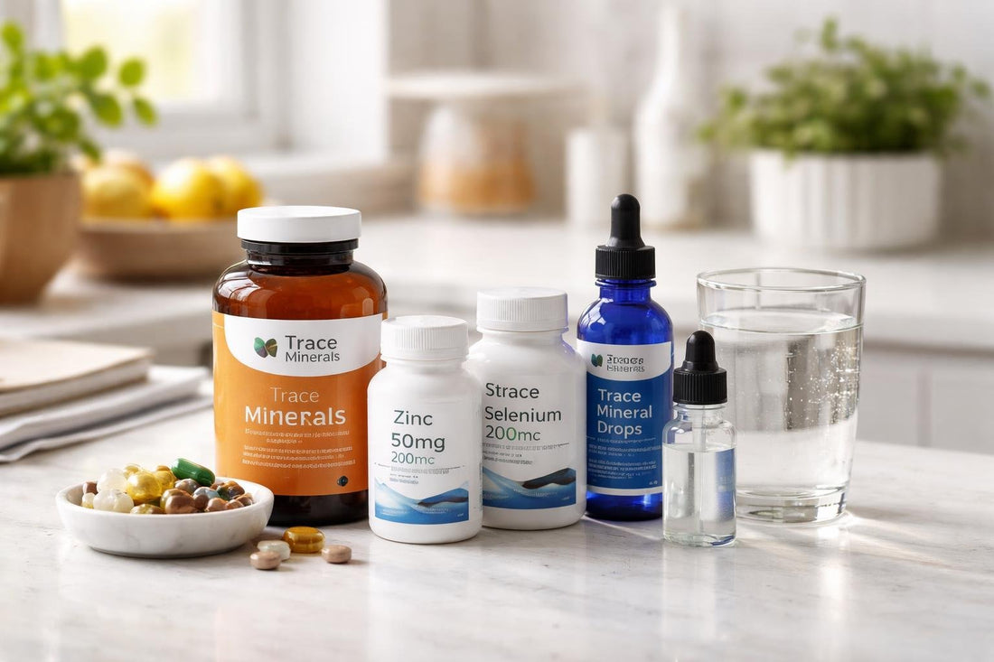 Assorted trace mineral supplements and drops on counter