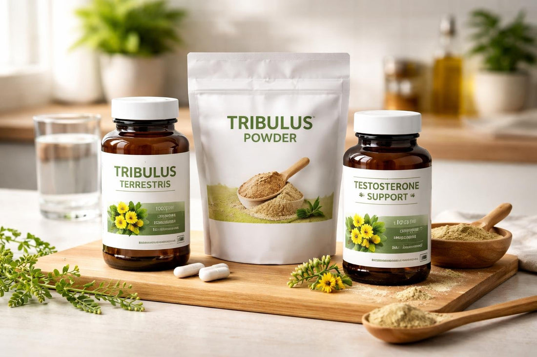 Tribulus supplement bottles and powders on table