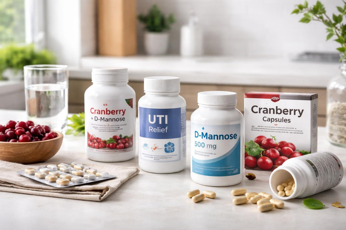 Assorted urinary tract infection supplement bottles and capsules