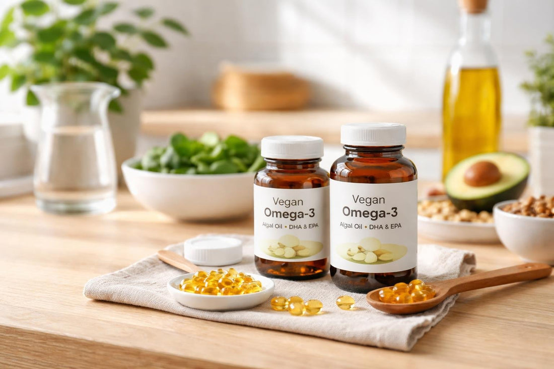 Vegan algal oil supplements, bottles and capsules