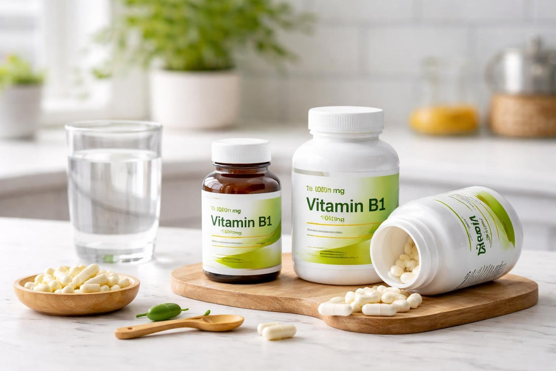 Vitamin B1 thiamine supplements bottles and capsules