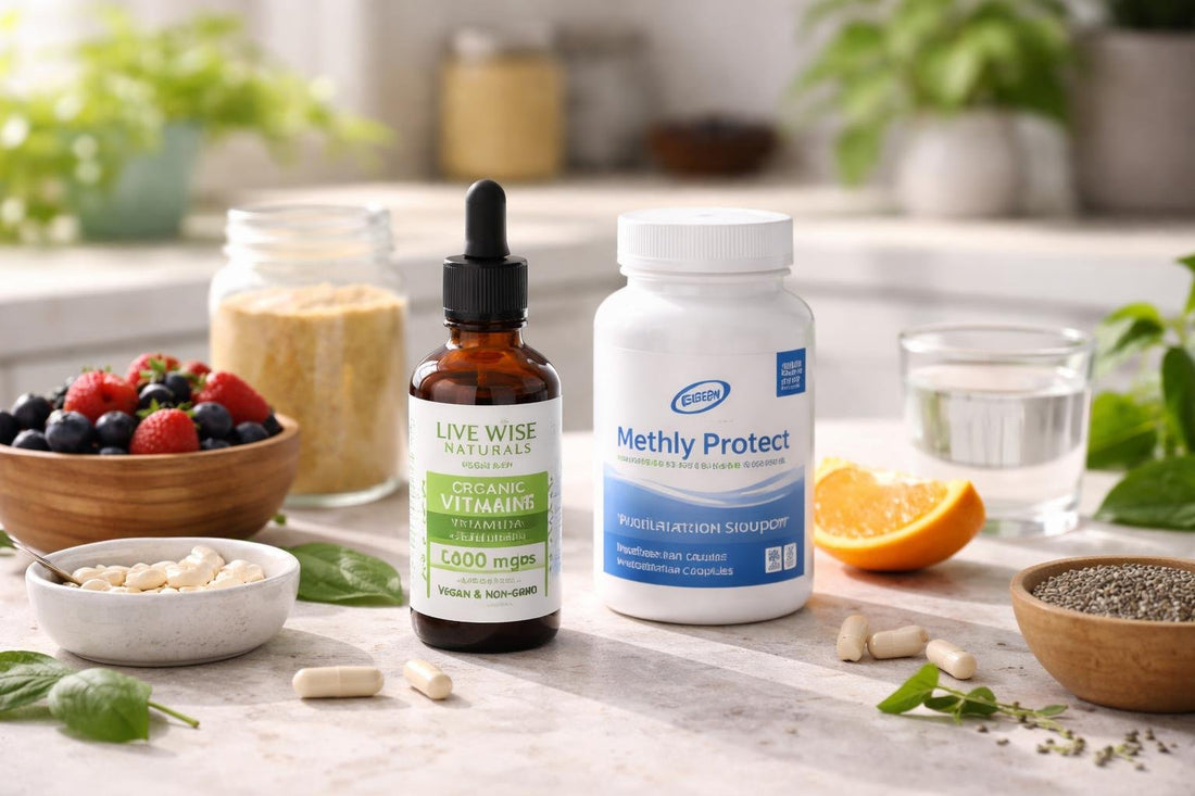 Vegan Vitamin B12 supplements assortment on table
