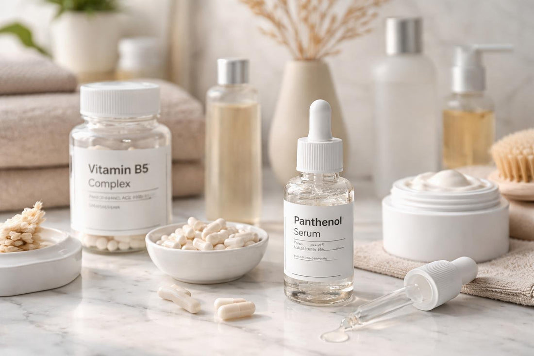 Close-up of panthenol serum and supplements for skincare