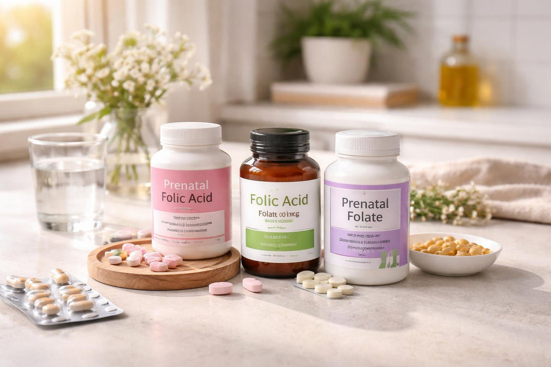 bottles of prenatal vitamin B9 supplements
