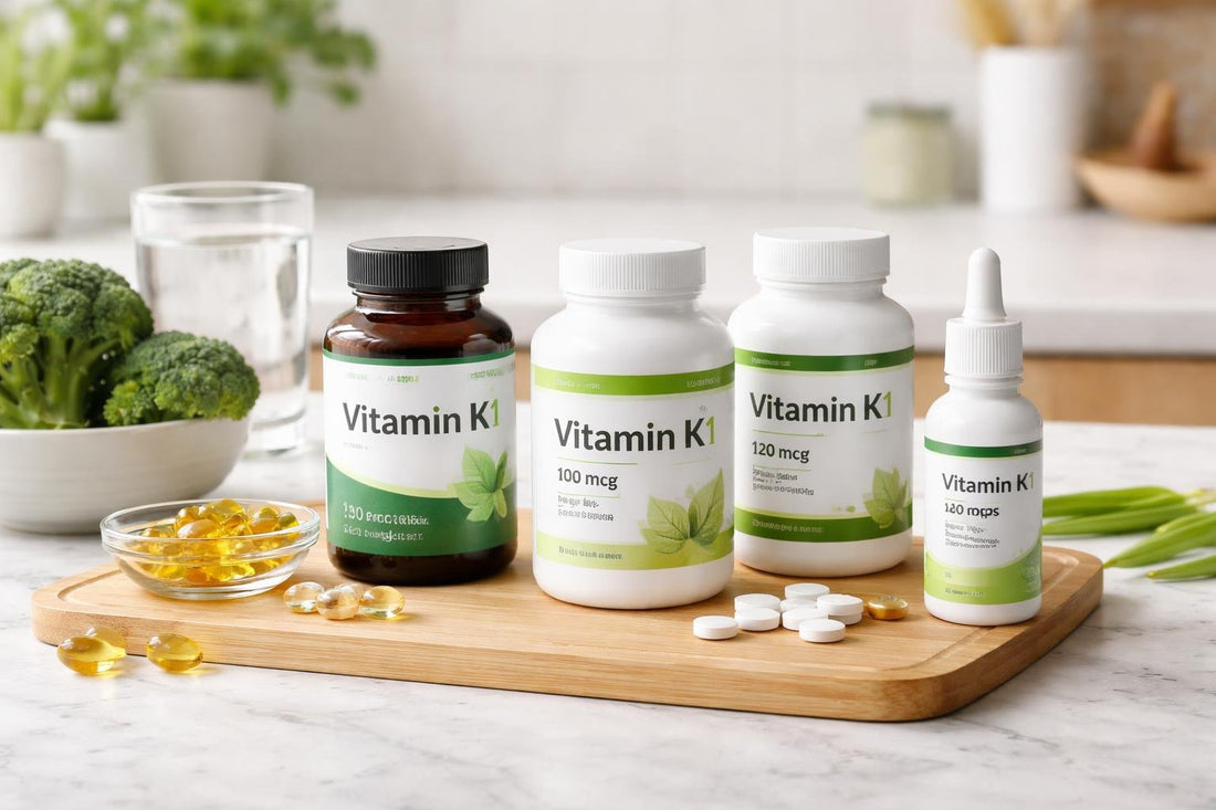Assortment of vitamin K supplements on tabletop
