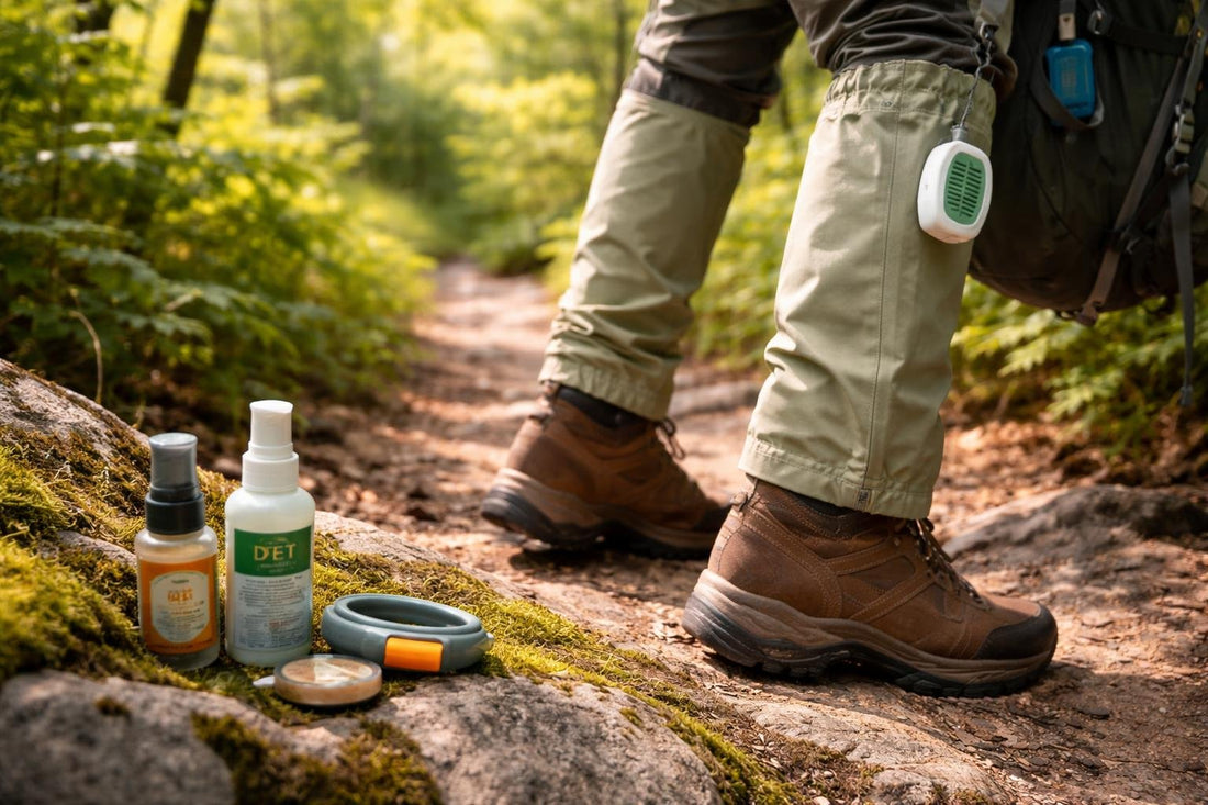 Hiker wearing permethrin-treated gaiters on Ontario trail