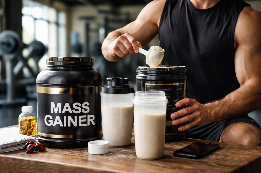 athlete mixing weight gainer shake in gym