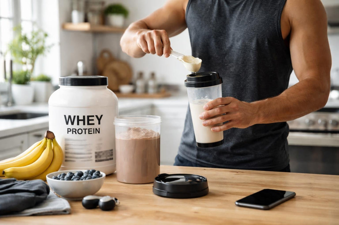Athlete mixing whey protein shake in kitchen