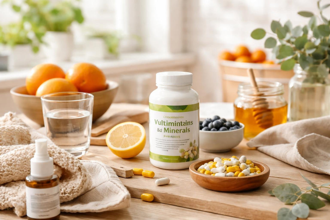 Combination multivitamins and minerals beside winter wellness items
