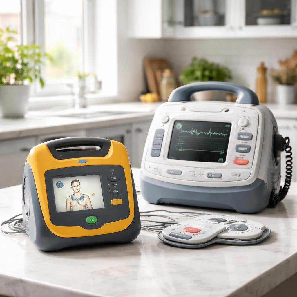 AED defibrillator with carry case and electrode pads