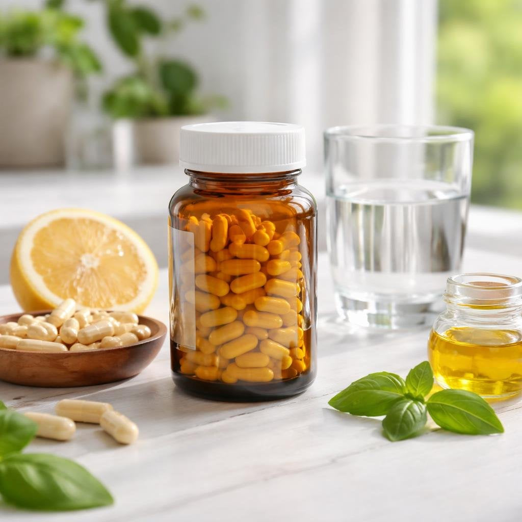 Alpha lipoic acid capsules beside a supplement facts label
