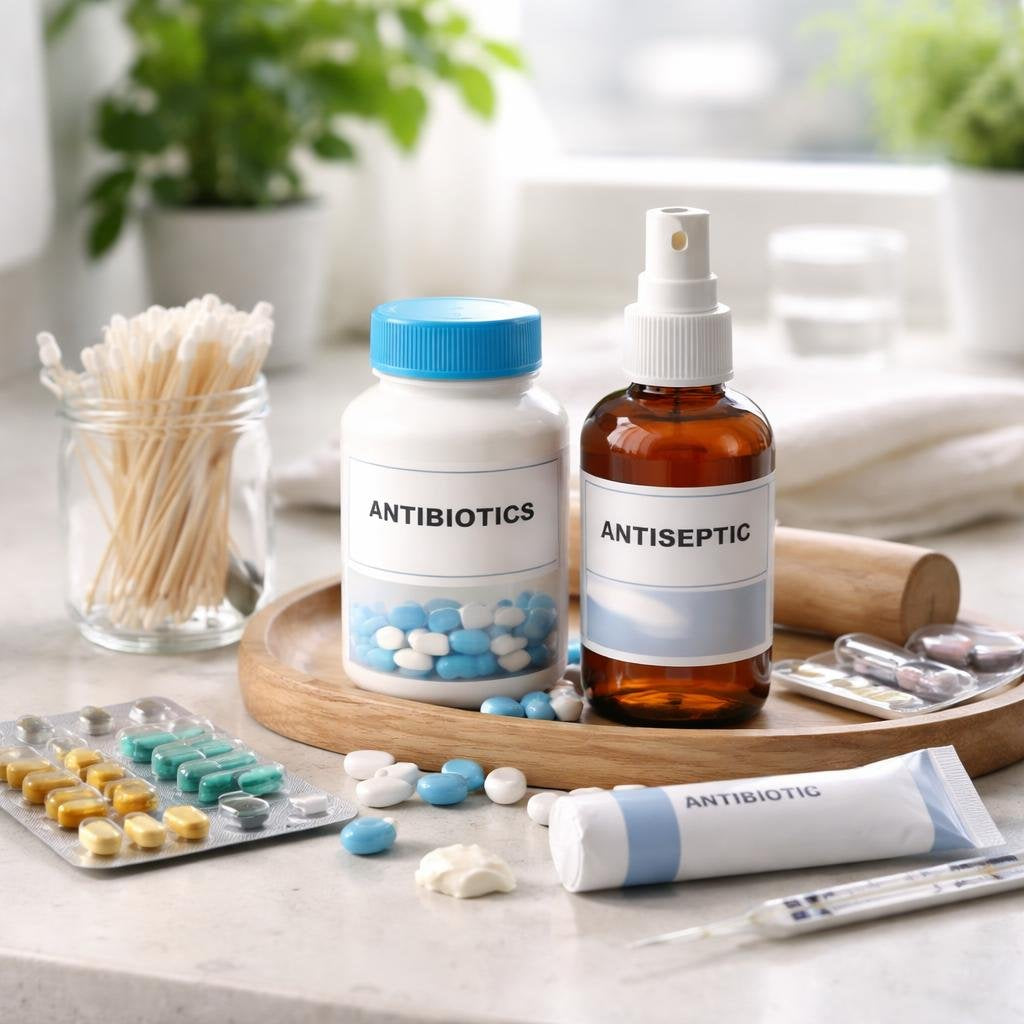 Antibiotics and antiseptics for wound cleansing