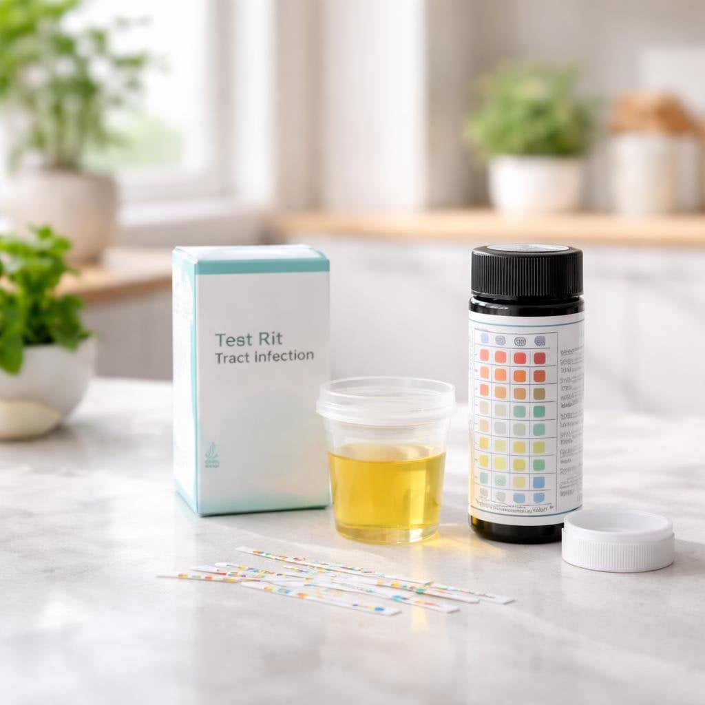 Home UTI urine test strips beside colour chart