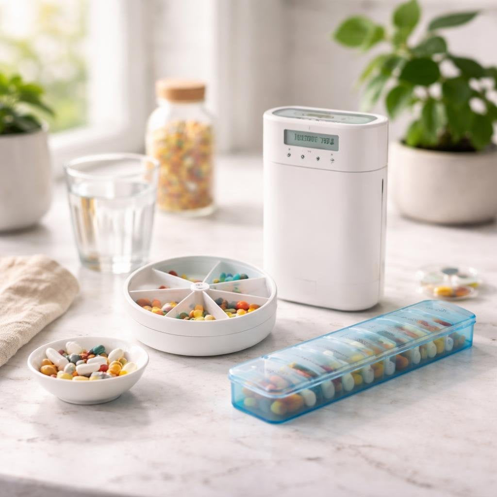 Portable pill dispenser for daily tablets and capsules