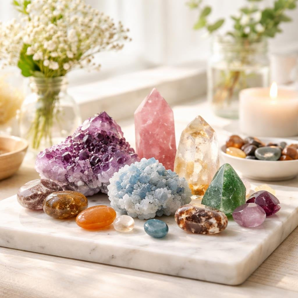 Assorted healing crystals including amethyst and rose quartz