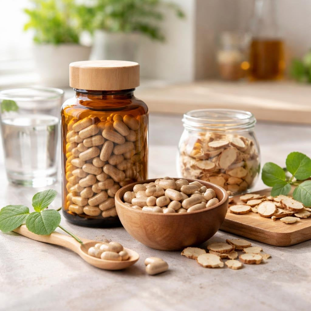 Astragalus herbal supplement capsules and bottles on a shelf