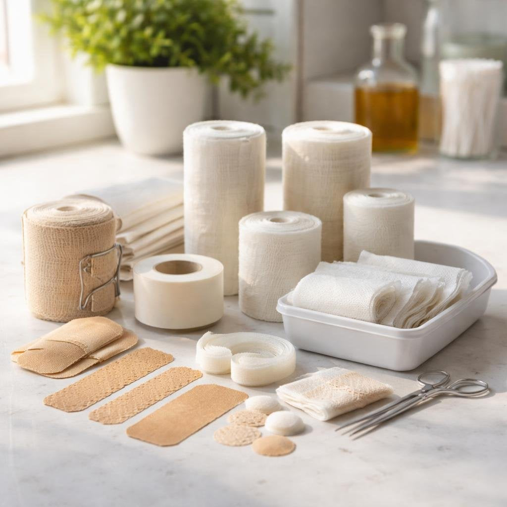Assorted bandages, pads, and elastic wraps for first aid