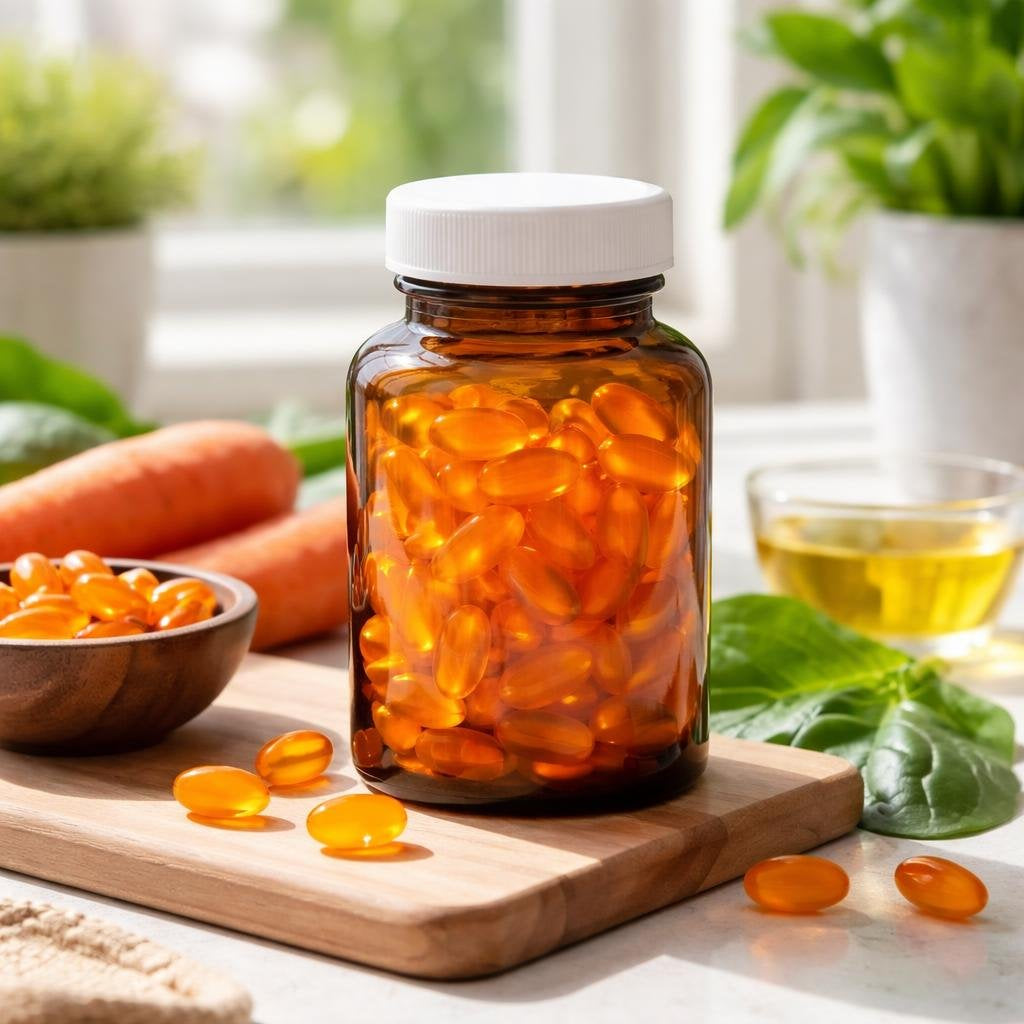 Beta carotene supplement bottles for antioxidant support