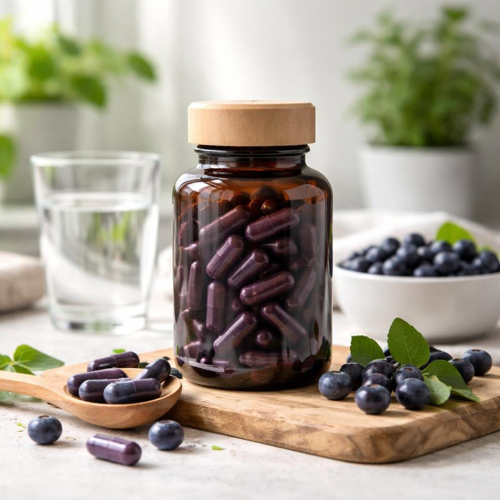 Bilberry supplement capsules with bilberry berries on table