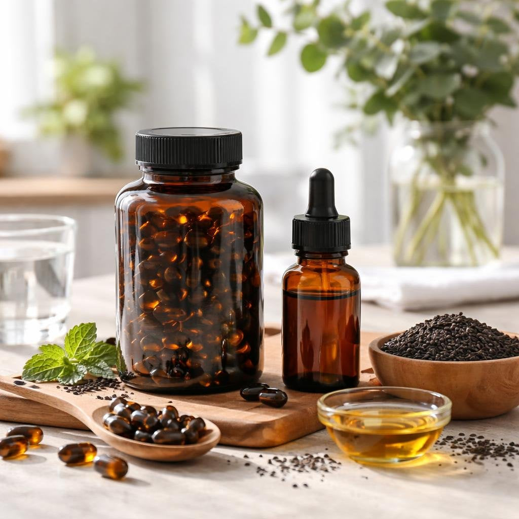 Black seed oil softgels and liquid supplement bottles