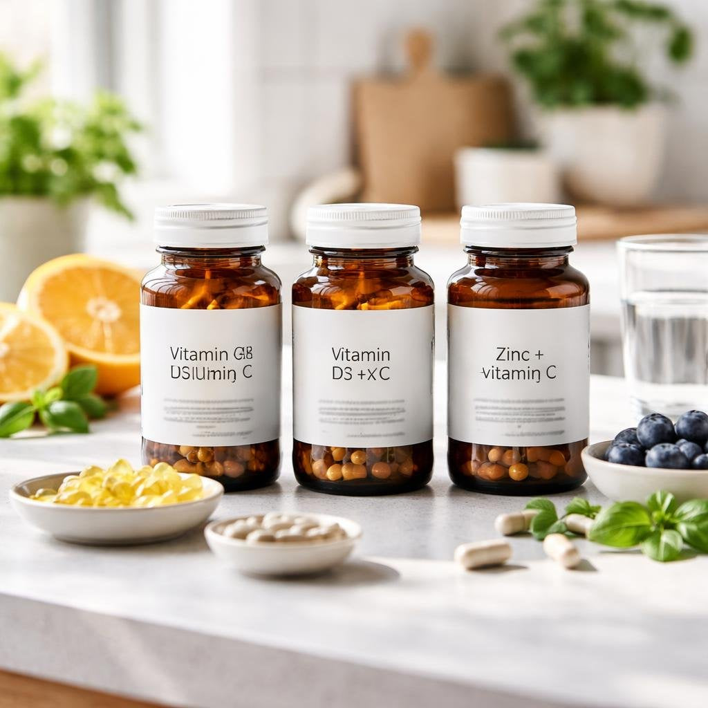 Blended vitamin and mineral supplements in assorted bottles